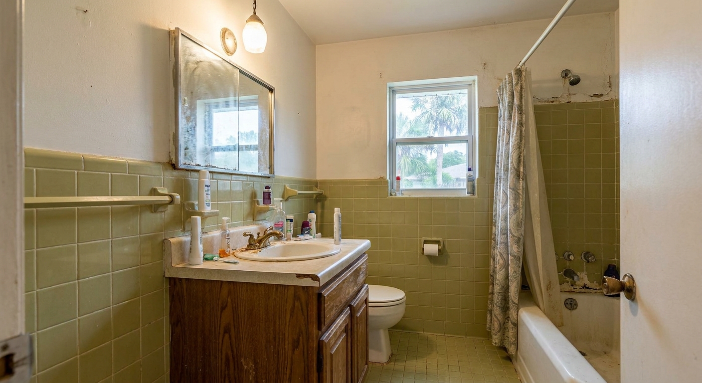 Outdated and cramped Tampa Bay bathroom in need of renovation